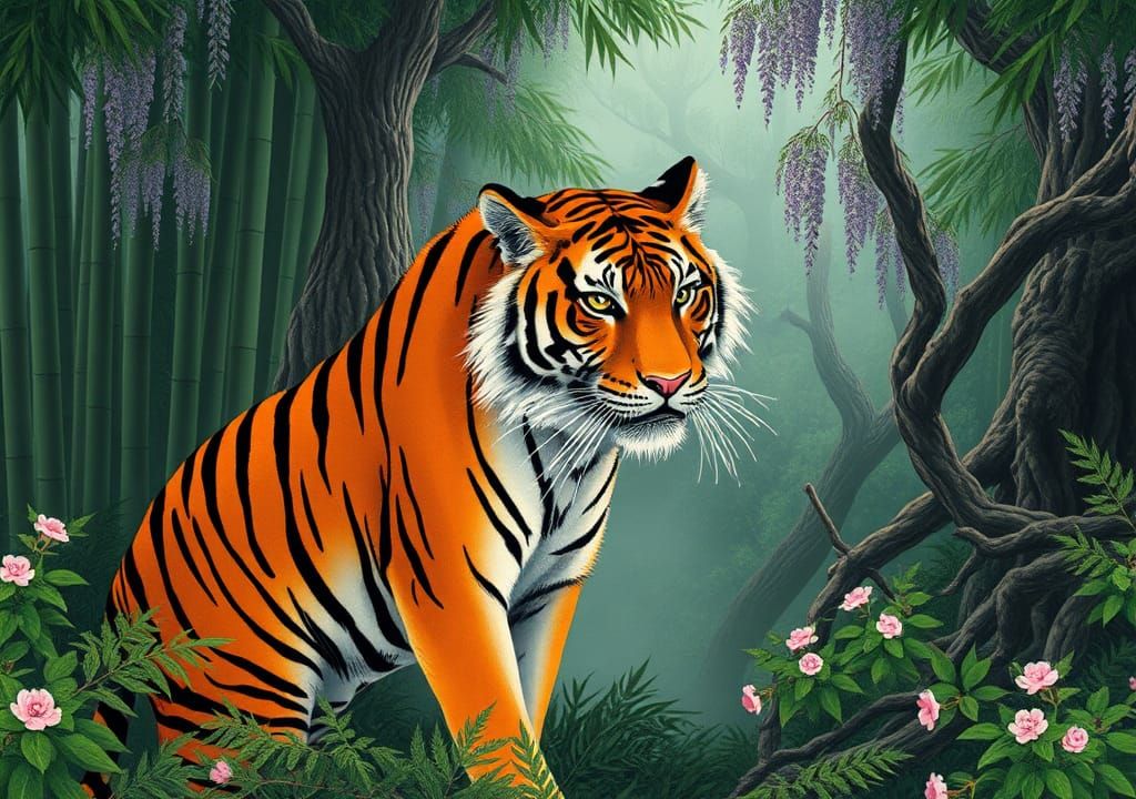 Tiger in Japanese Forest, Ukiyo-e Style