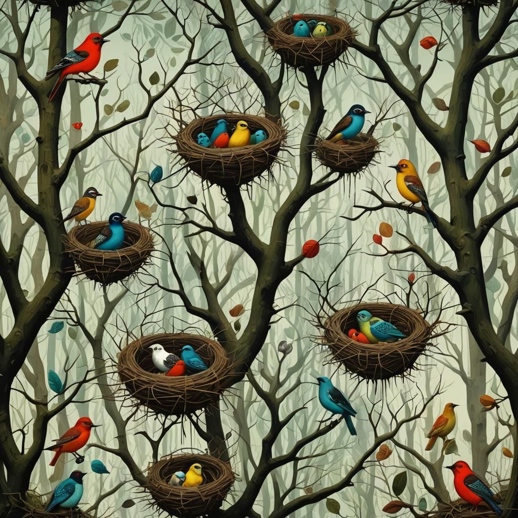 Binary Code Dream: Mechanical Birds in Abstract Forest