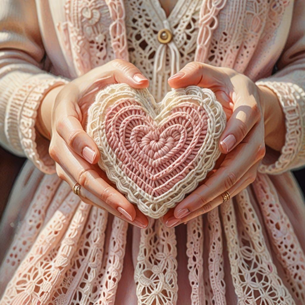 Gentle Hands Cradle a Whimsical Crochet Heart in Soft Waterc...