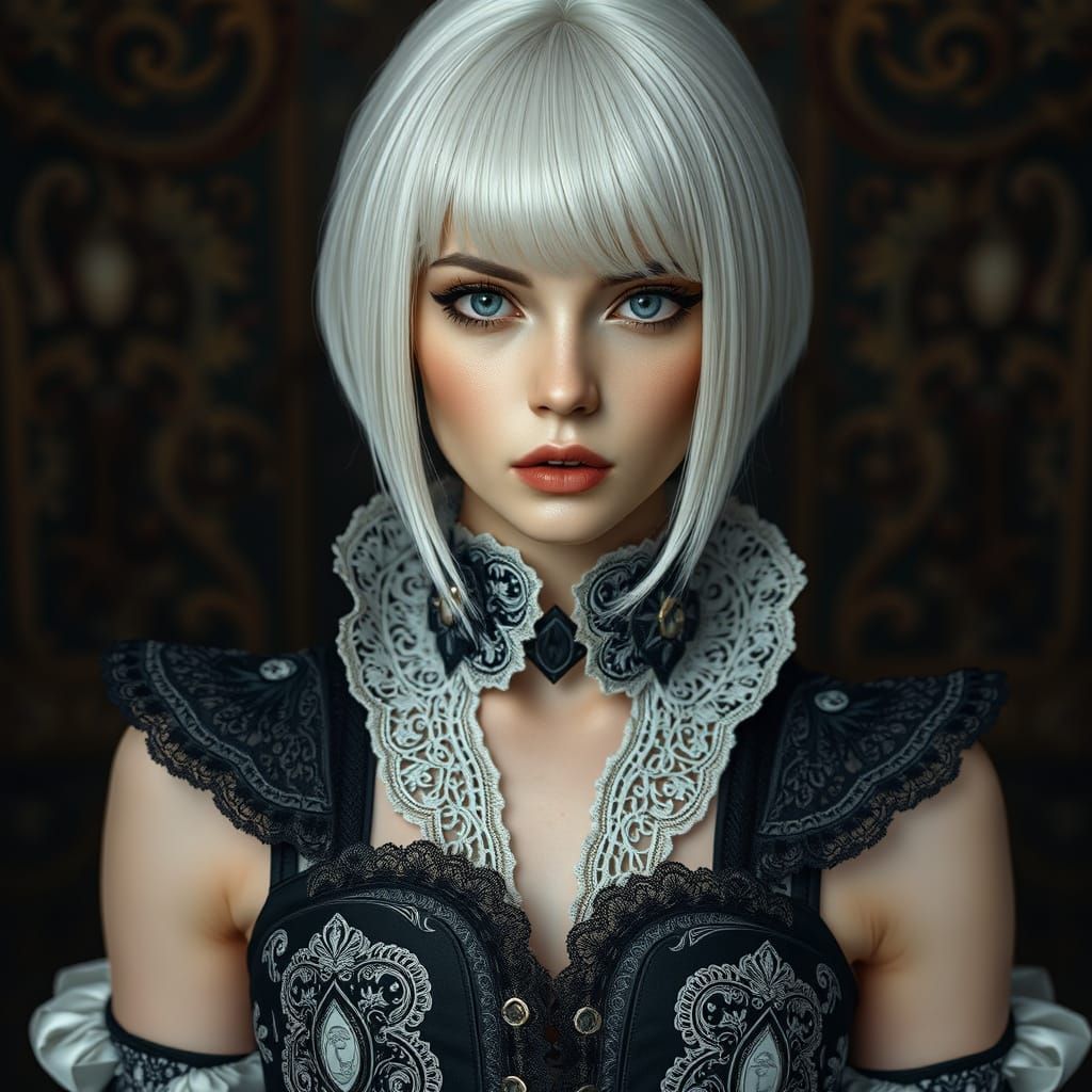 Ethereal Gothic Goddess in White and Black Attire