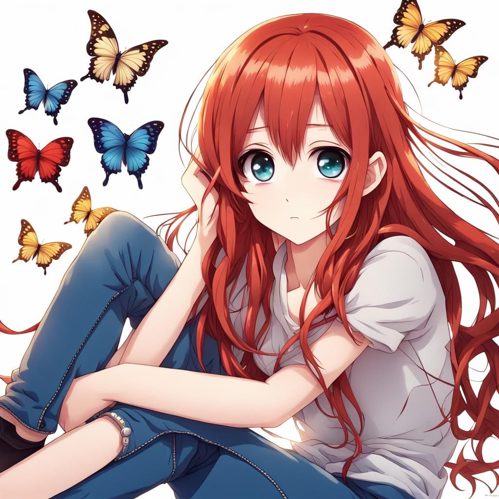 Cute Anime Girl with Red Hair and Butterflies