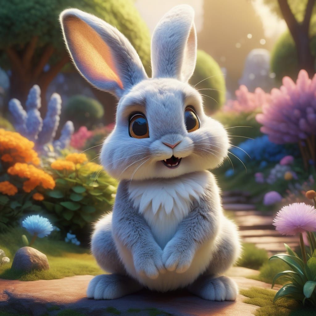 Surreal Watercolor Rabbit in Whimsical Garden Scene