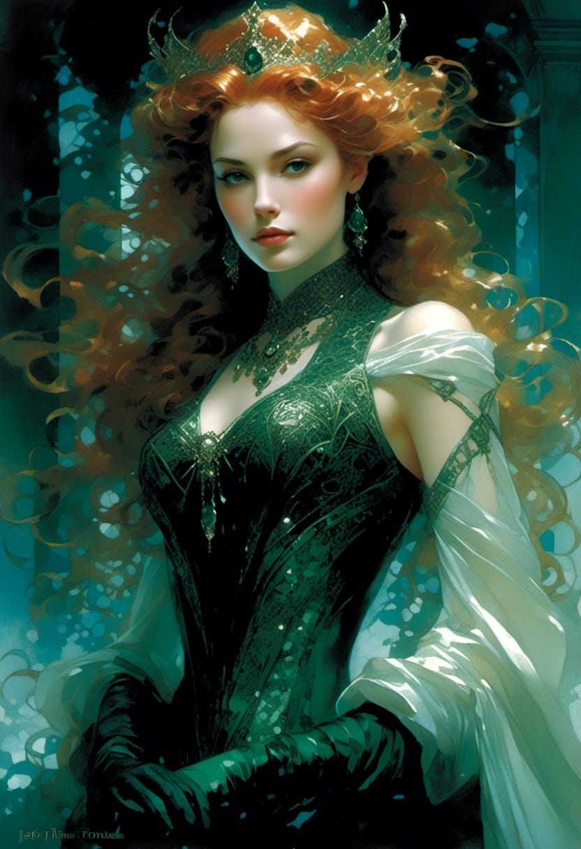 Sea Elf Goddess in Emerald Corset, Digital Art