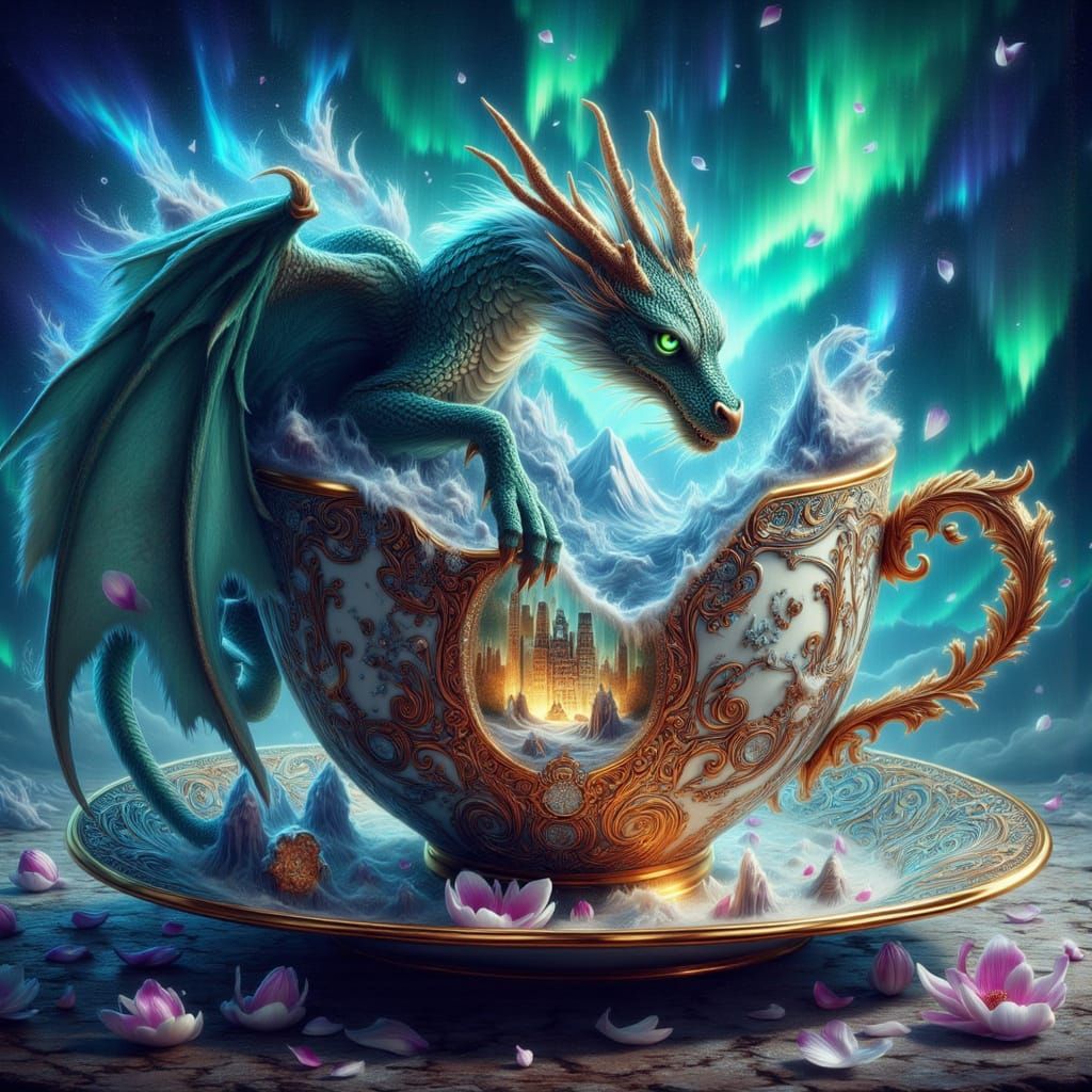 Dragon Over Teacup Kingdom Under Northern Lights