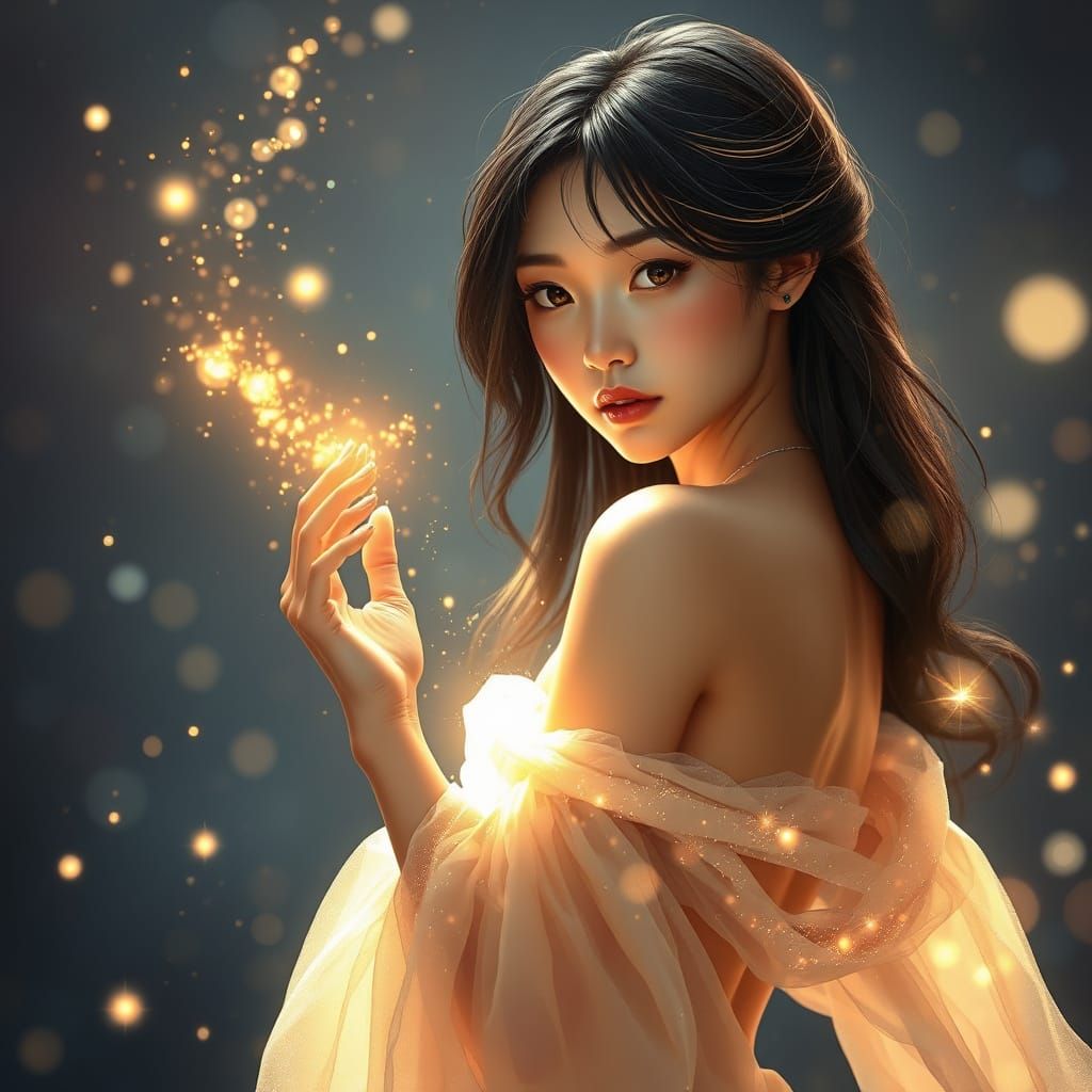 Enchanting Woman with Golden Hair in Starry Void