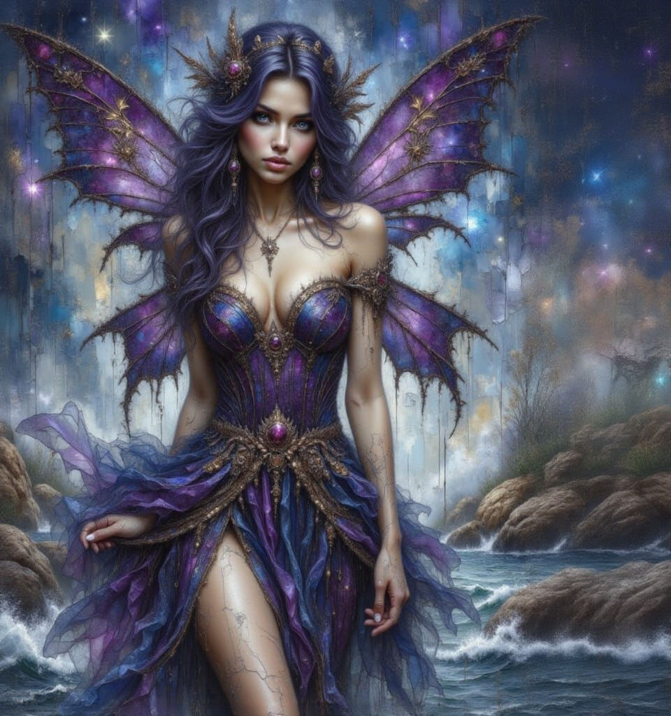 Mysterious Fairy in Purple, Blue, and Gold with Dragonfly