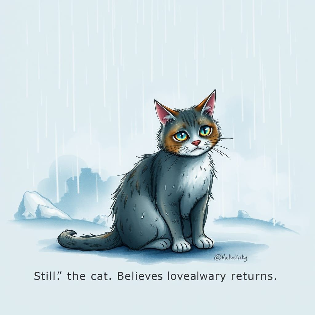 Sad Cat Waits in Rain: Realistic Watercolor