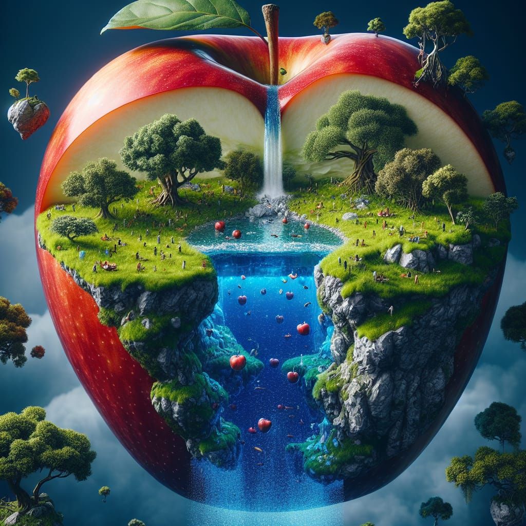 Surreal Apple World with Miniature People