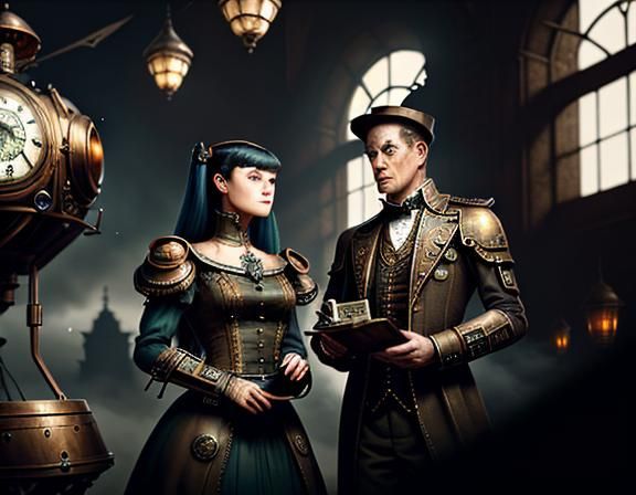 Steampunk Twins in Time Machine: Cinematic Digital Art