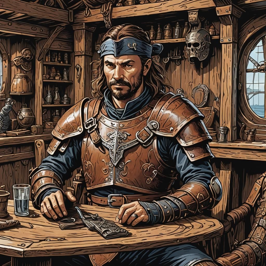 D&D Adventurer in Pirate Ship Woodcut