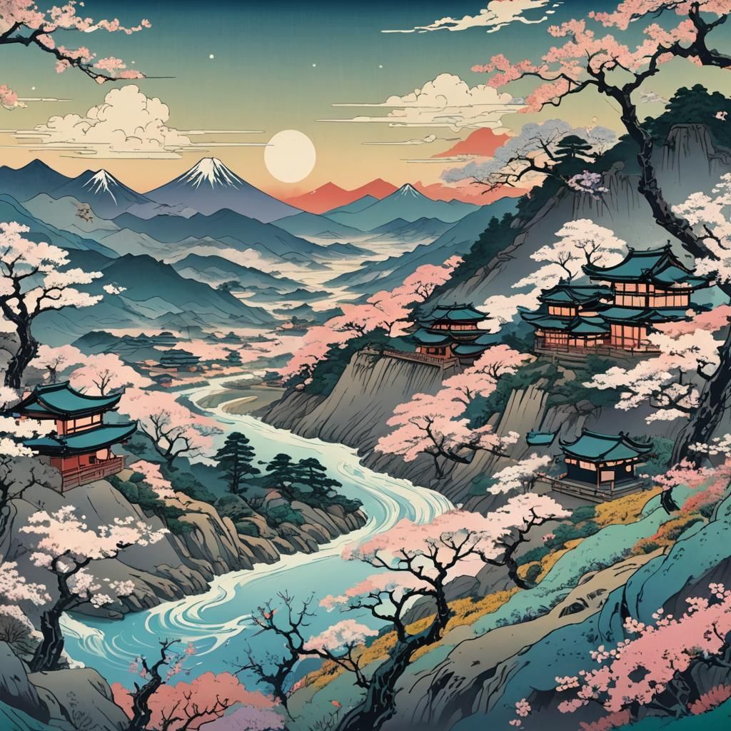 Ukiyo-e Valley Panorama with Double Exposure Effect