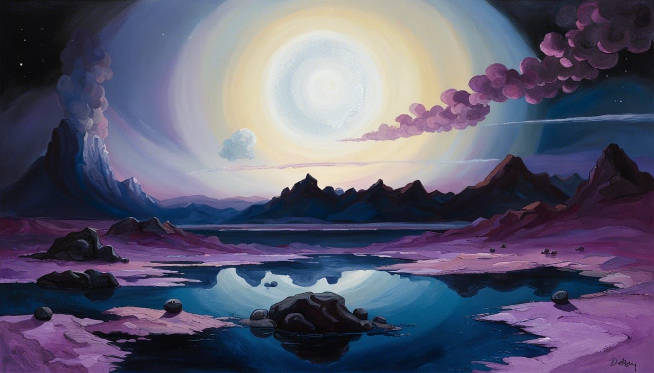 Pluto Landscape with Magenta Mushrooms, Surreal Painting