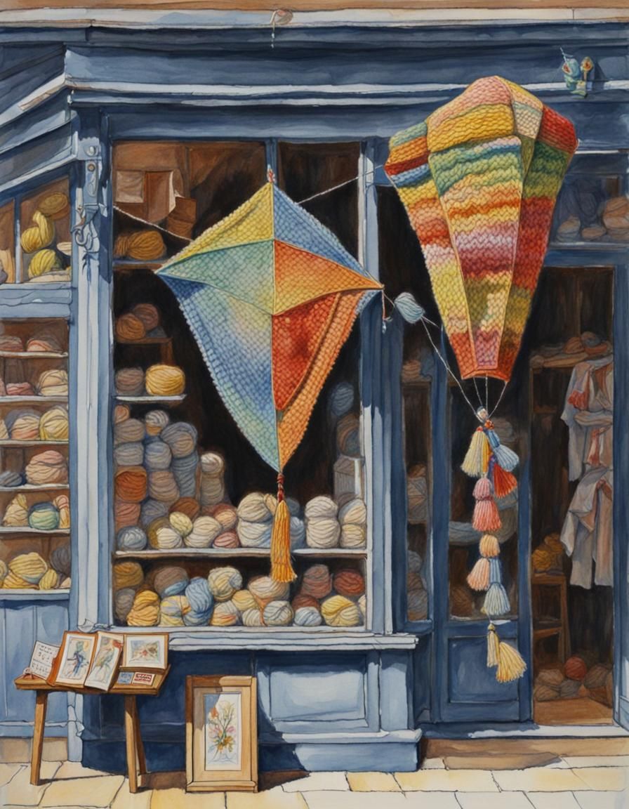 Knitted Kite in Shop Window: Watercolor and Ink