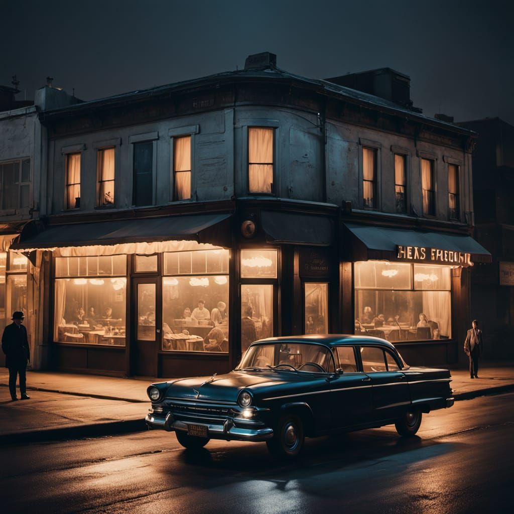 Surreal Double Exposure: 1900s Diner Night Scene