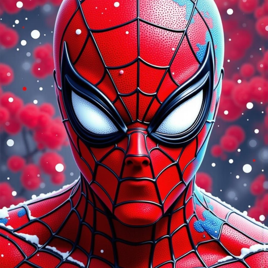 Cardinal Perched on Spiderman Figurine in Winter Wonderland