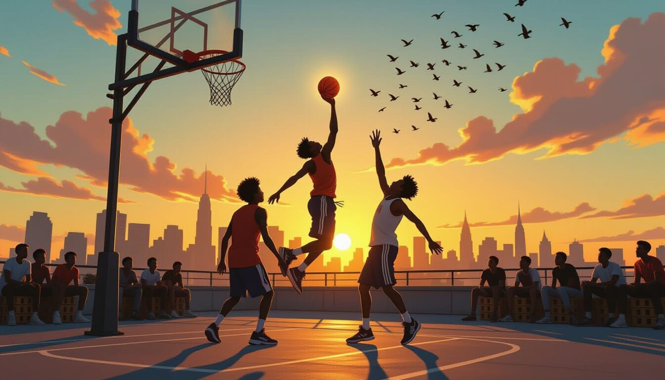 Rooftop Streetball at Golden Hour: Cinematic Urban Scene