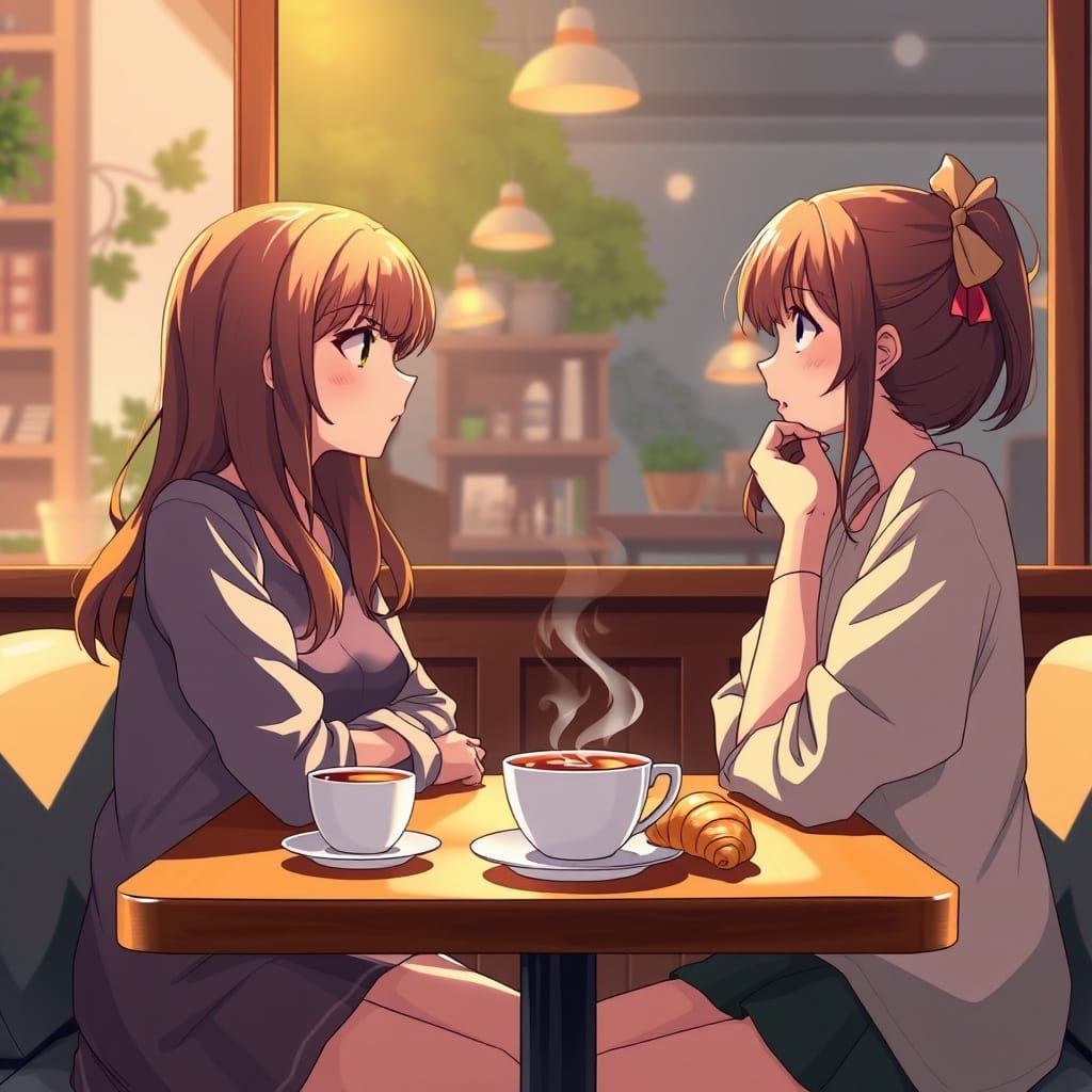 Cozy Coffee Shop Scene: Two Girls Chatting