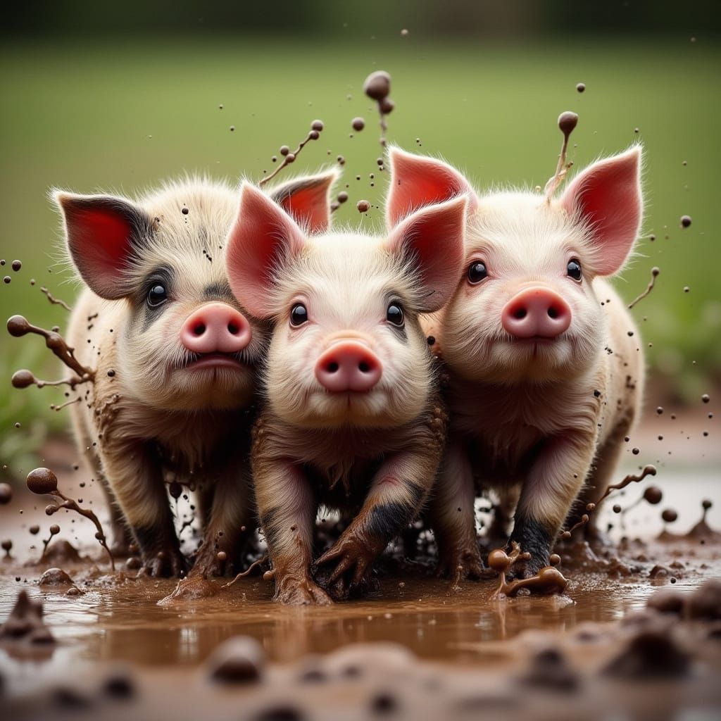 Three Baby Pigs Joyfully Splashing in Mud