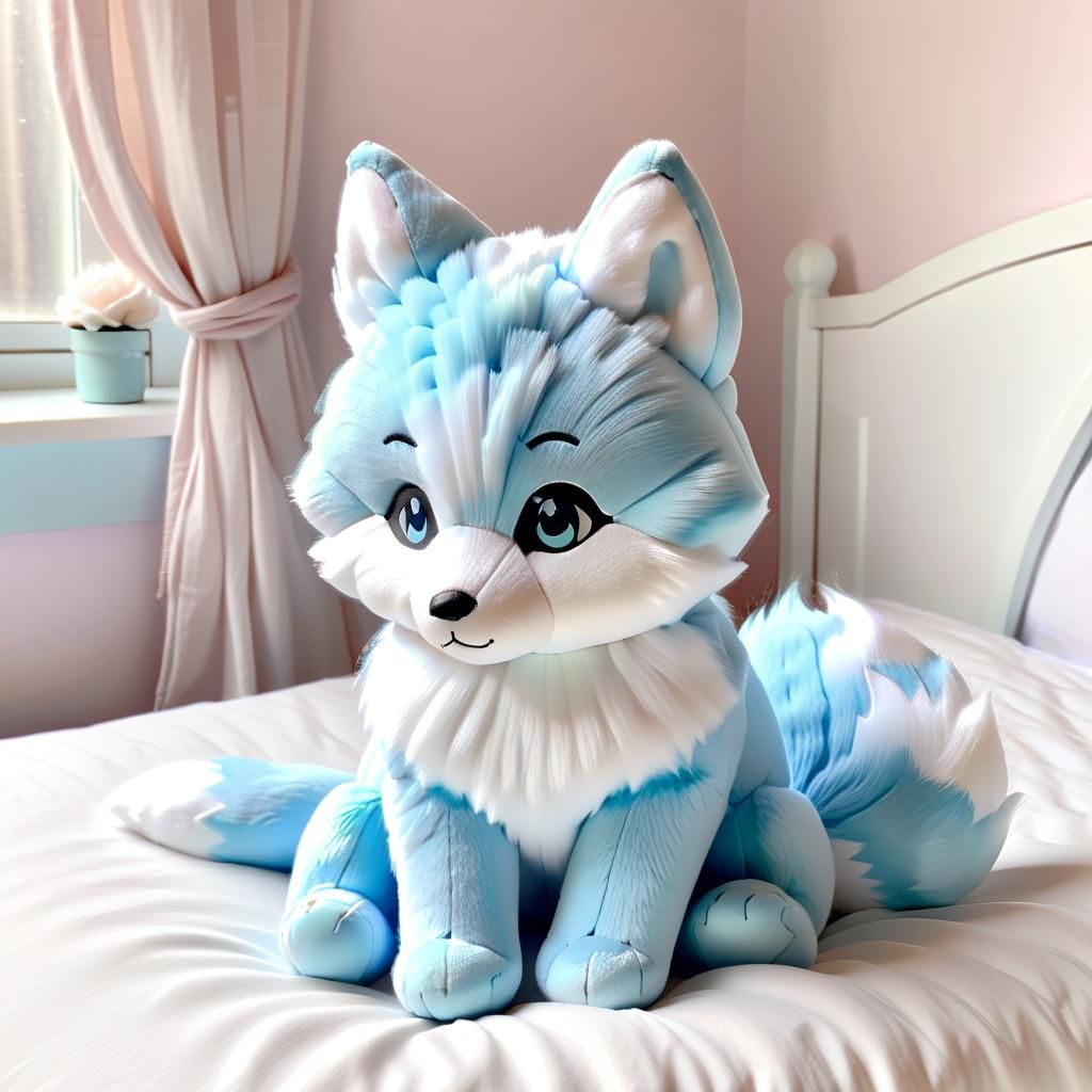 Cute Blue and White Fox Plushie in Bedroom