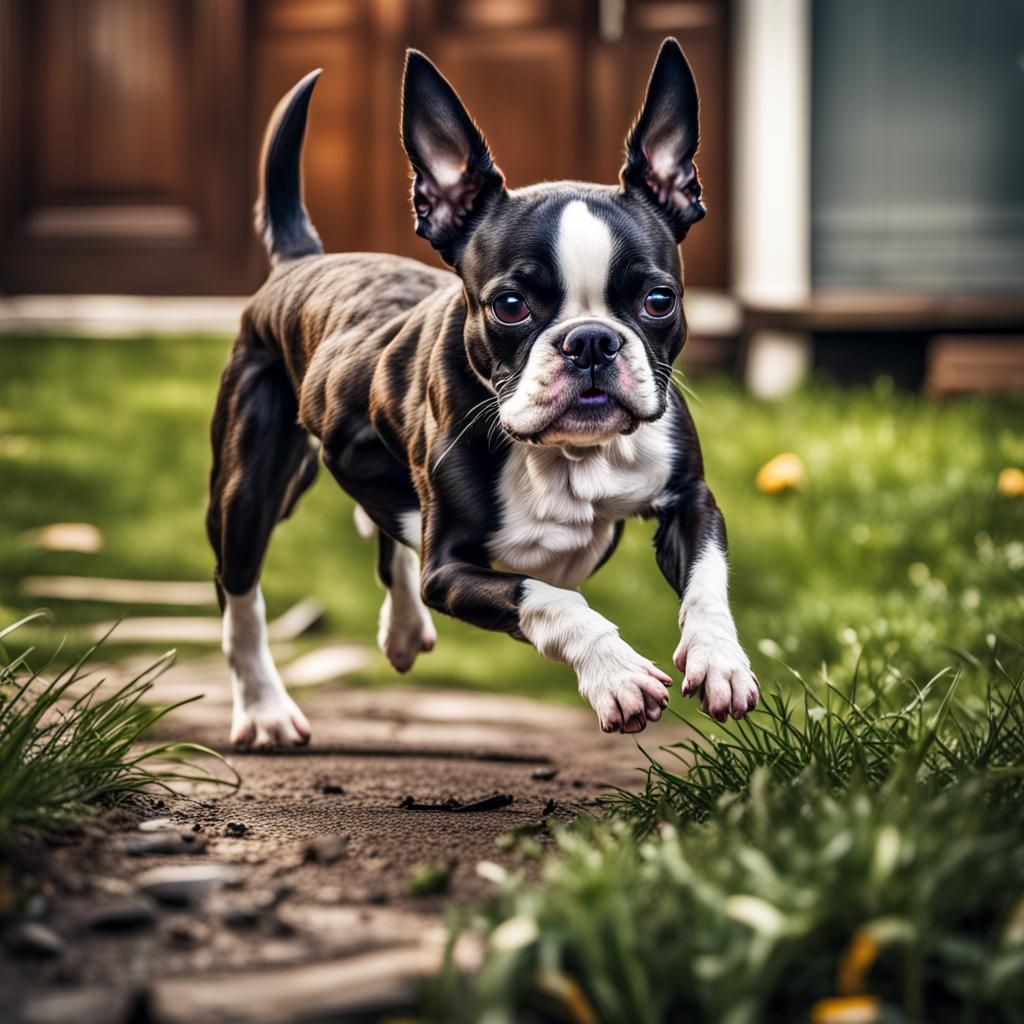 Hyperrealistic Boston Terrier Running in Yard