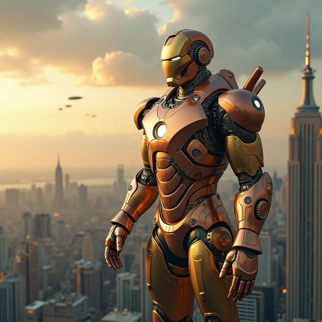 Steampunk Iron Man Suit Towers Over Victorian Cityscape in G...