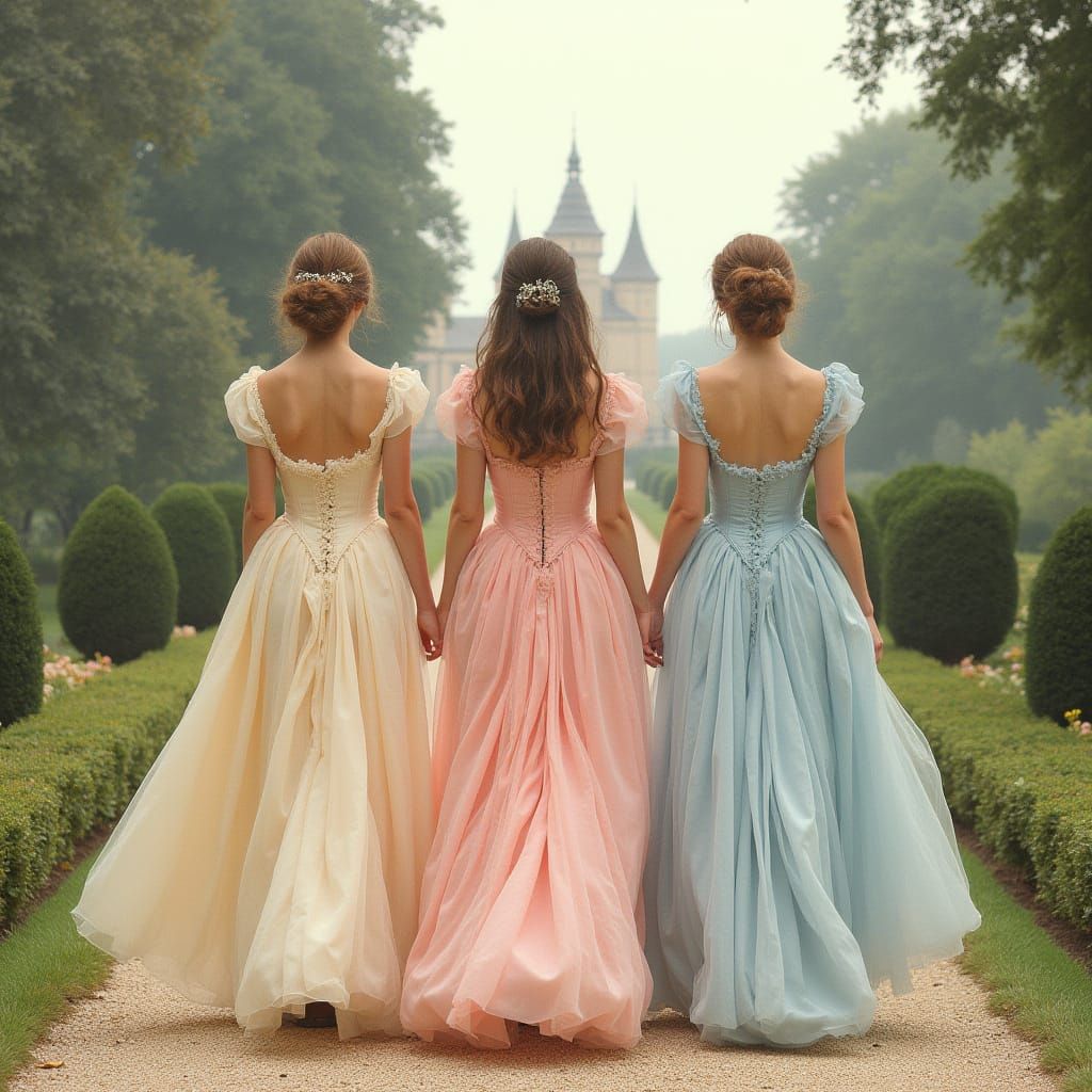 Elegant Women Stroll Through 18th Century Castle Garden in B...
