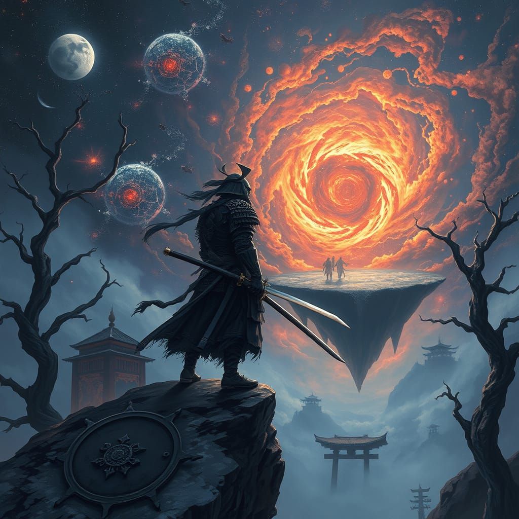 Spectral Samurai Stands on Floating Island's Edge, Katana Ra...