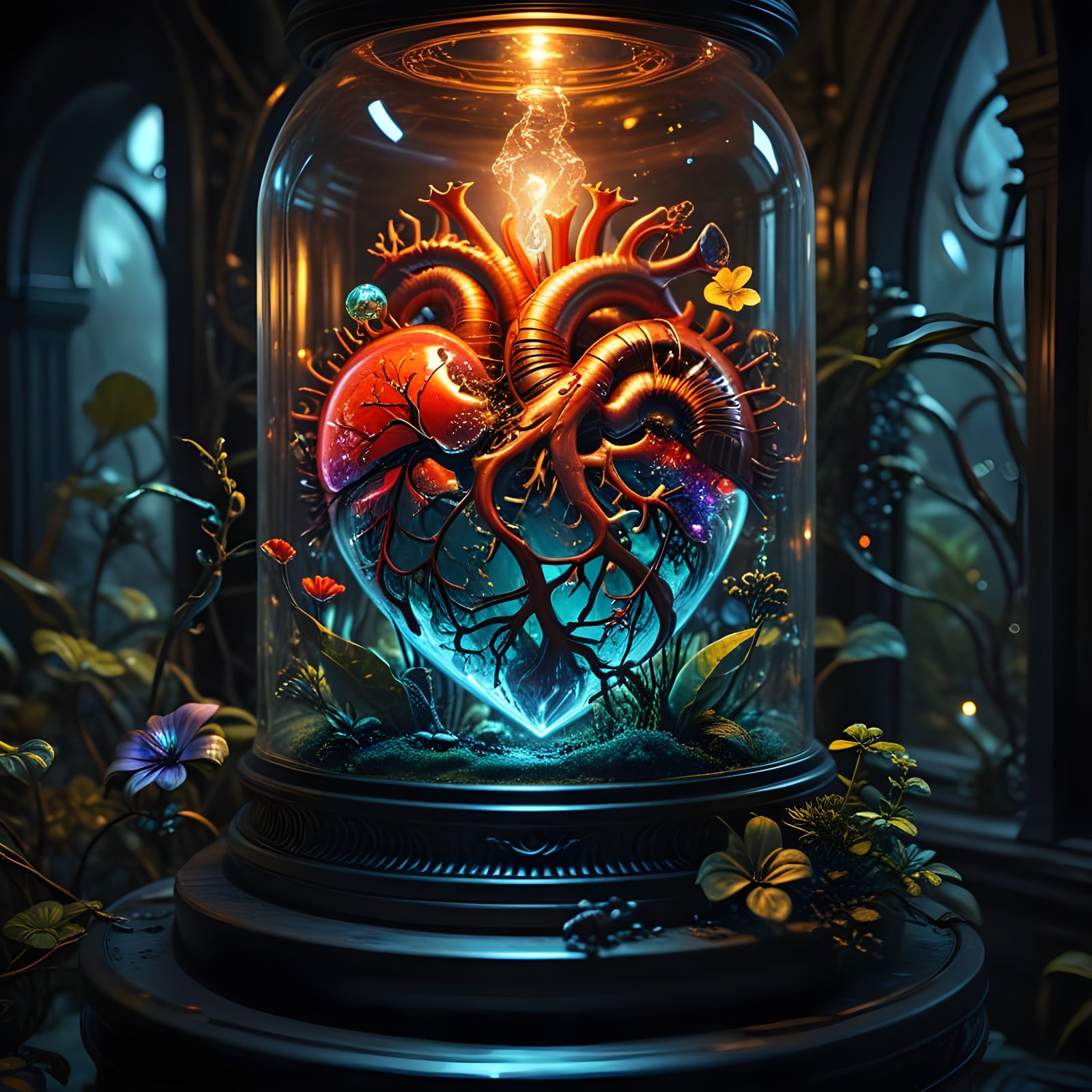 Clockwork Heart in Glass Case: A Surreal Oil Painting