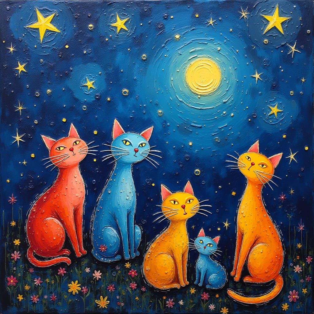 Whimsical Cats Under Starry Night Sky in Neo-Impressionist S...