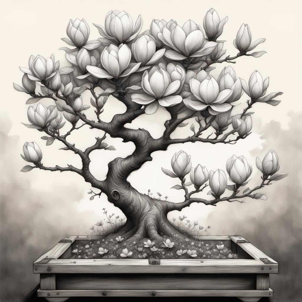 Magnolia Tree Sketch in Colored Pencil Style