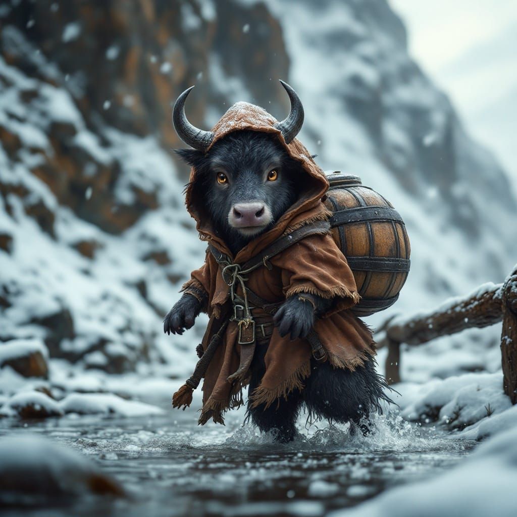 Young Water Buffalo Braves Snowy River in Medieval Attire