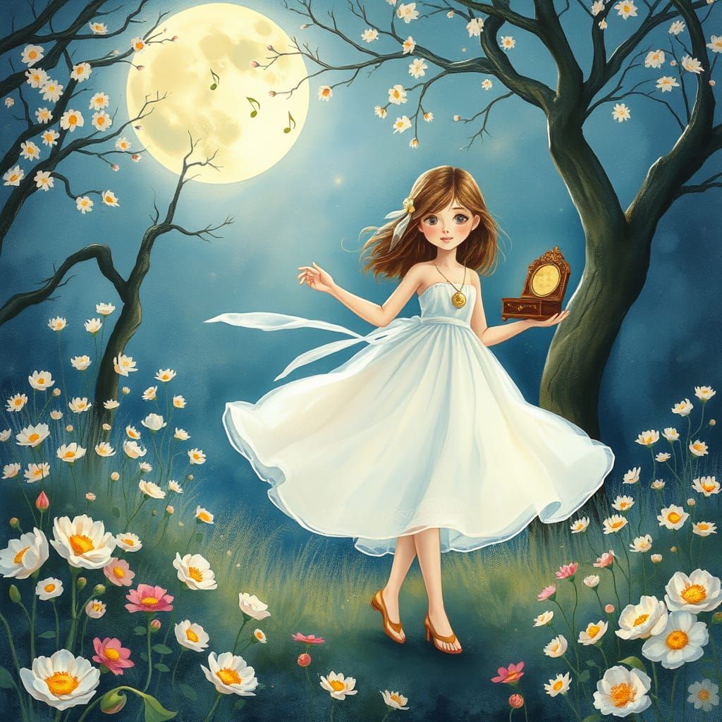 Whimsical Girl in a Dreamy, Watercolor Garden Scene