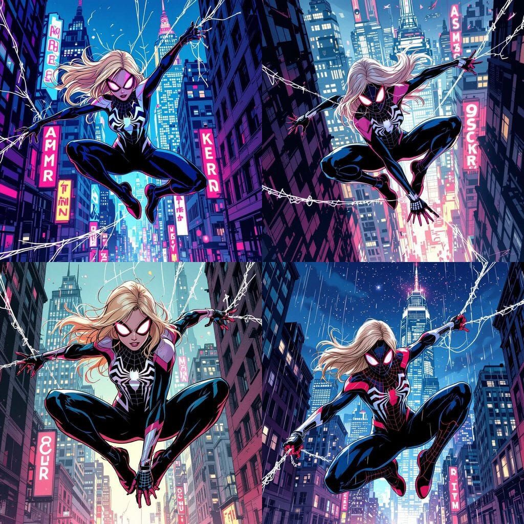 Ghost Spider Web Slinging Down Streets Comic Style Art