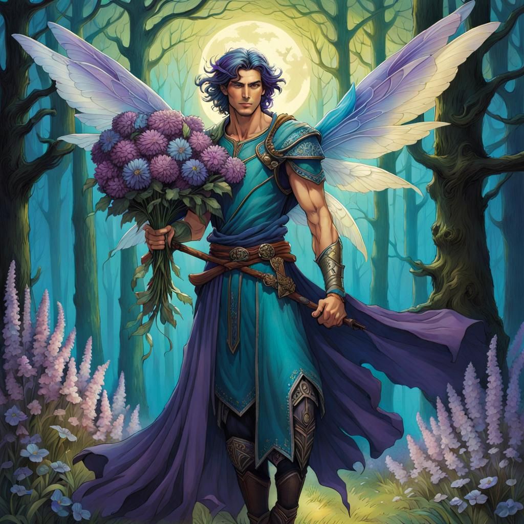 Handsome Fairy Offers Flower Bouquet in Magical Forest