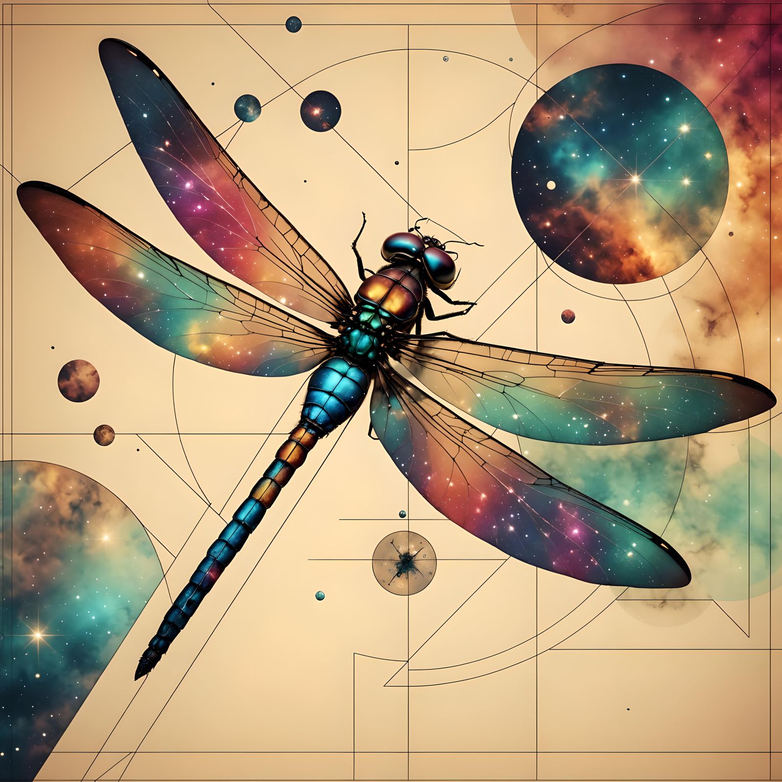Cosmic Dragonfly in Cubist Boho Style
