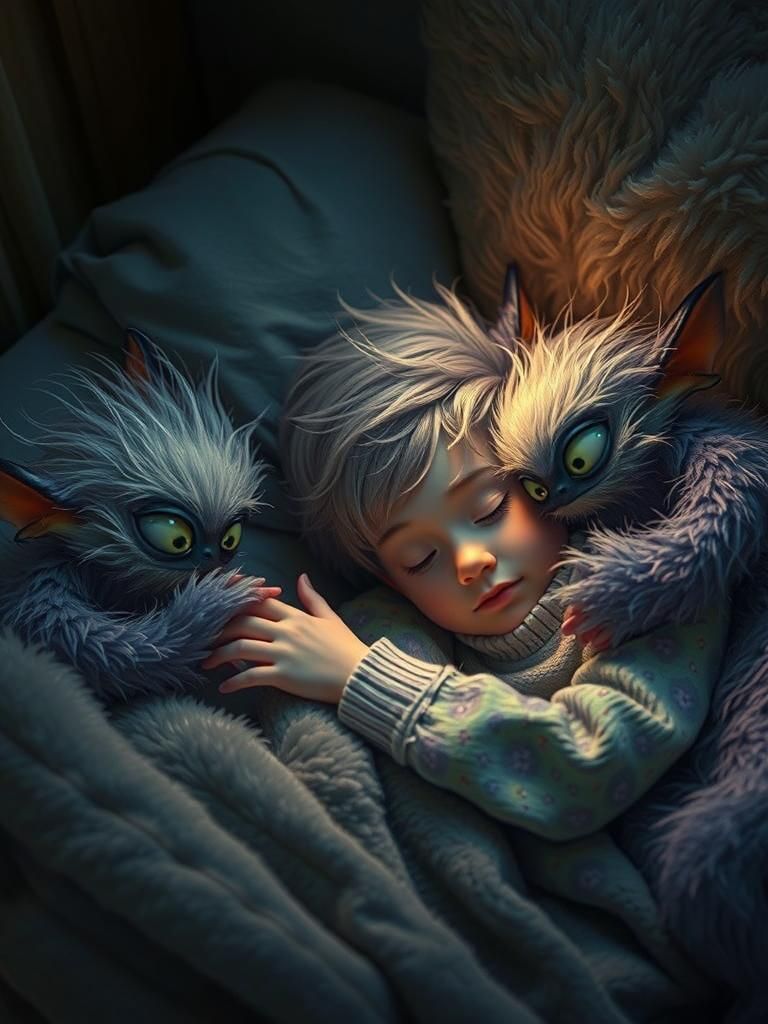 Hyperrealistic Fluffy Monsters Comforting Boy at Bedtime