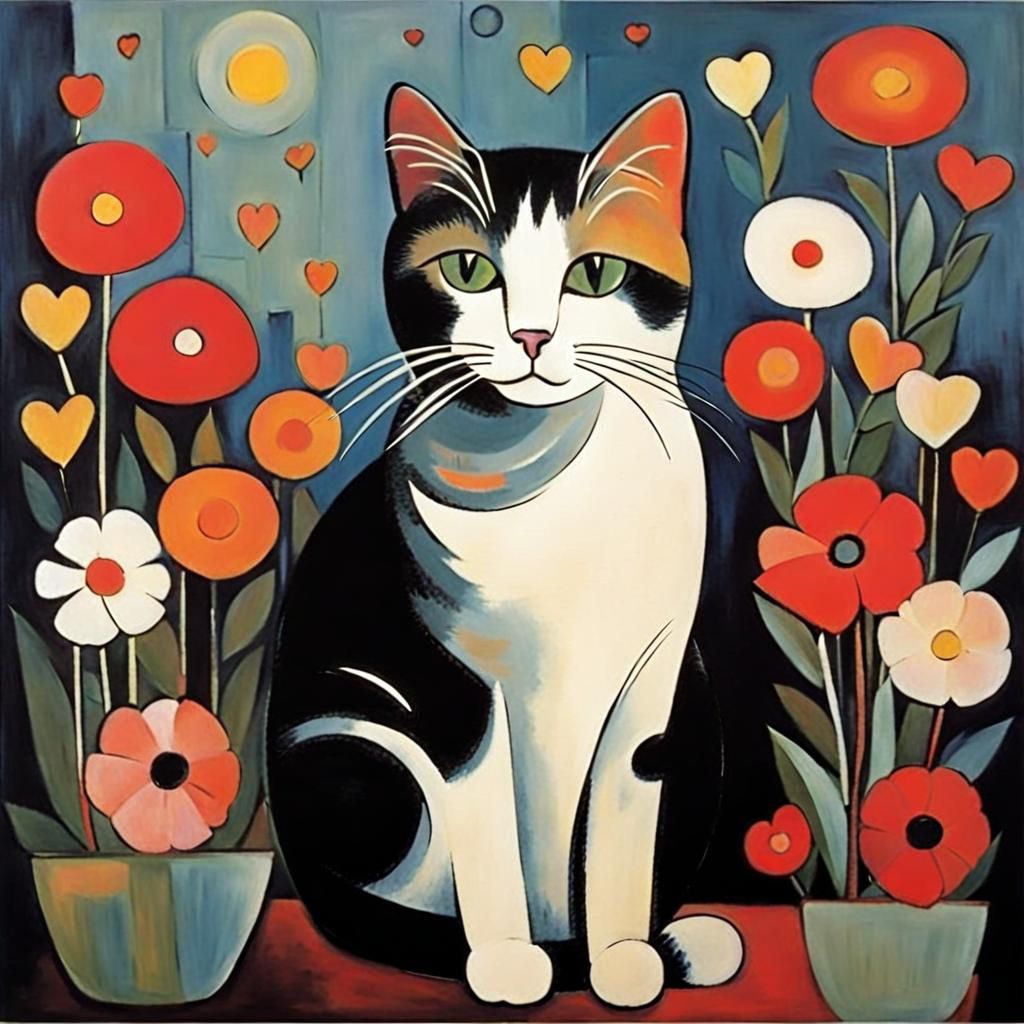 Cat Portrait with Flowers in Modigliani Style