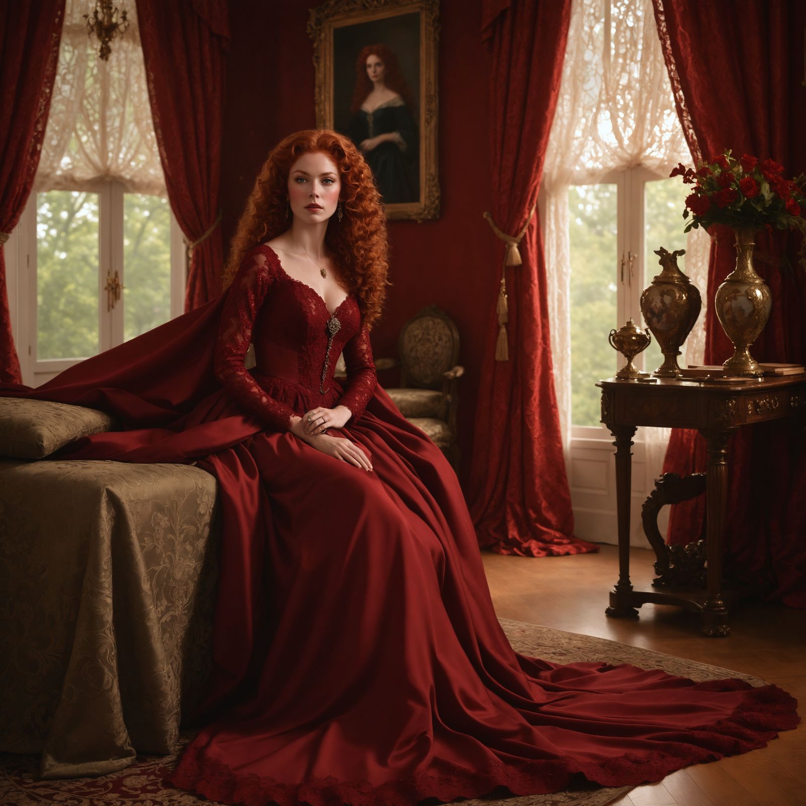 Elegant Woman in Red Gown, Opulent Setting