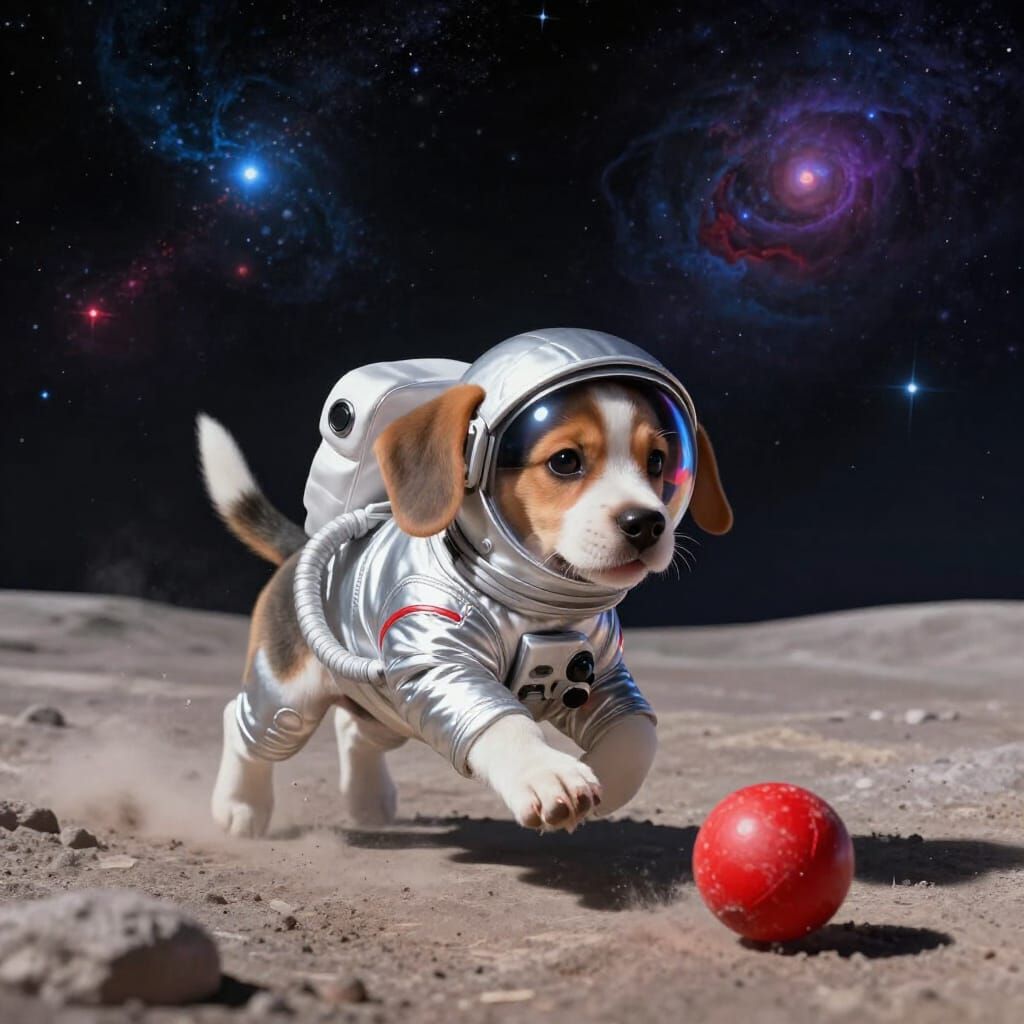 Beagle Puppy Astronaut Chasing Ball on Moon