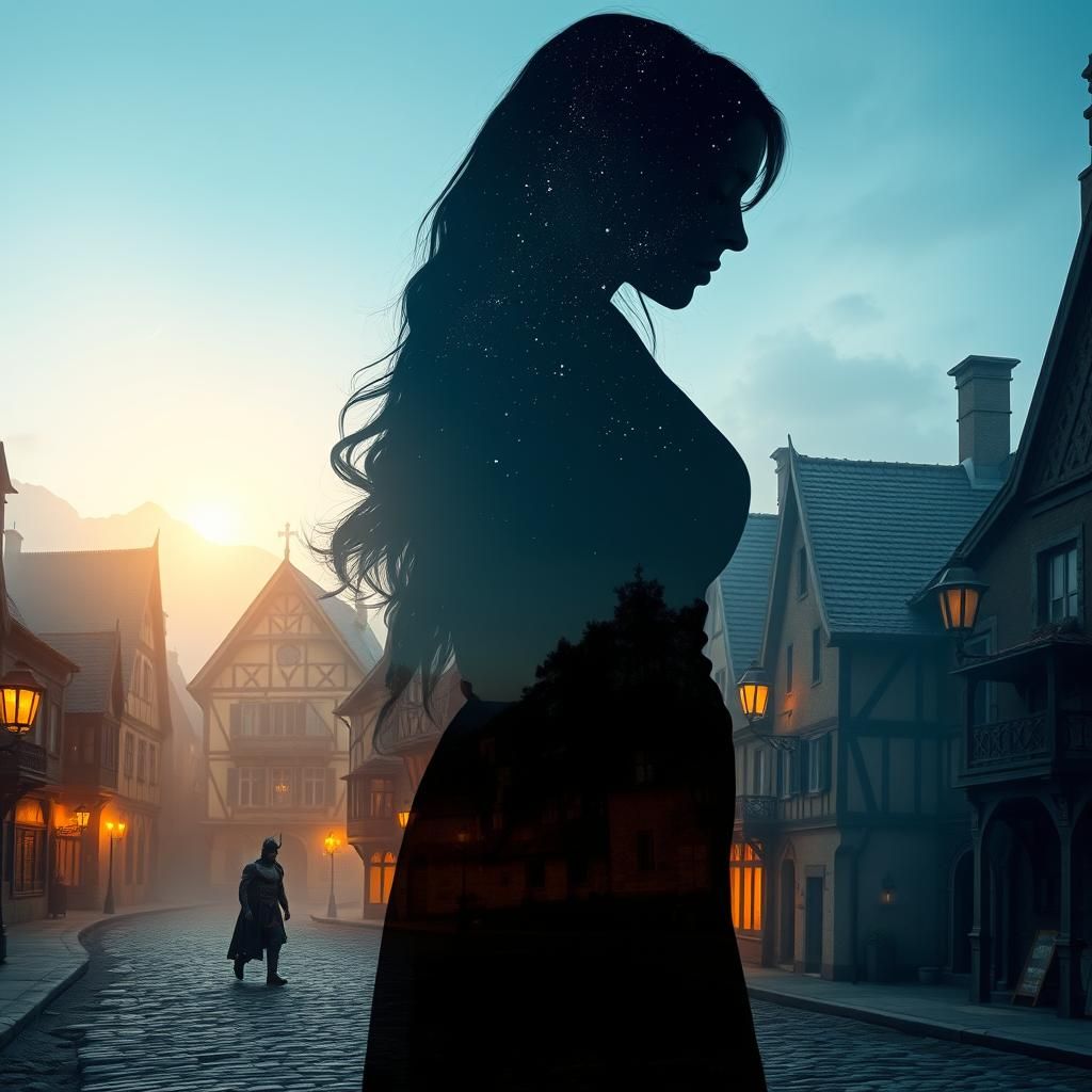 Silhouette in Medieval Town with Starry Night Sky
