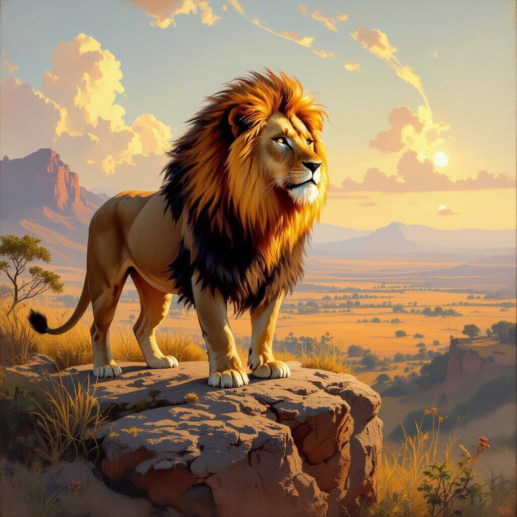 Lion with Fiery Mane Overlooking Savanna, Oil Painting