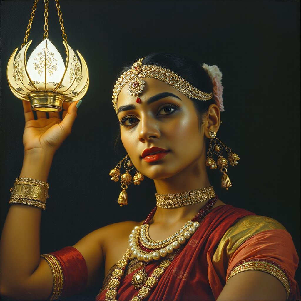 Lotus Lantern Dancer: Vintage Oil Painting