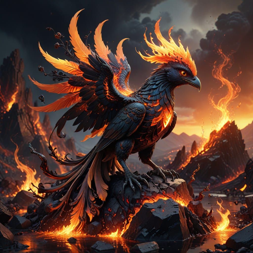 Obsidian Hand Holds Flaming Phoenix Elemental