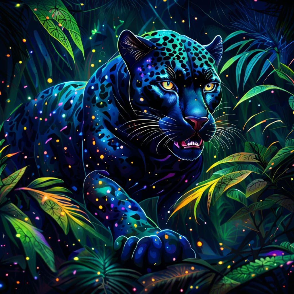 Fierce Black Jaguar Ready to Attack, Holographic Illustratio...