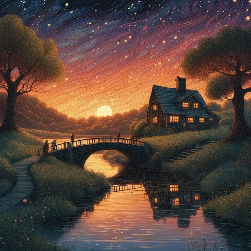 Cozy Cottage at Sunset Under Cosmic Sky