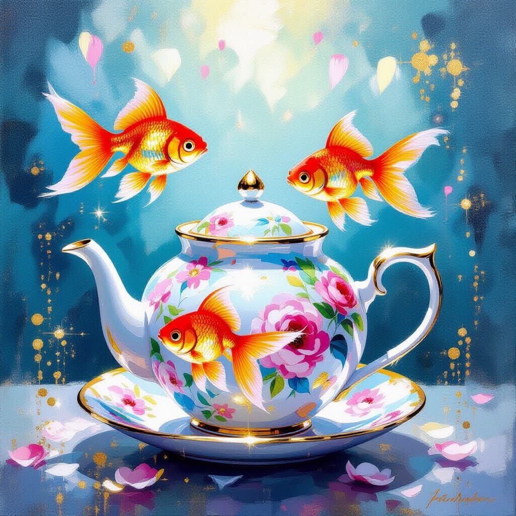 Goldfish Tea Party: Impressionistic Painting with Romanticis...