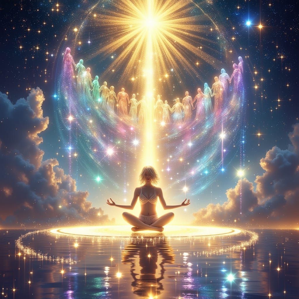 Meditating Figure Ascends in Celestial Hall