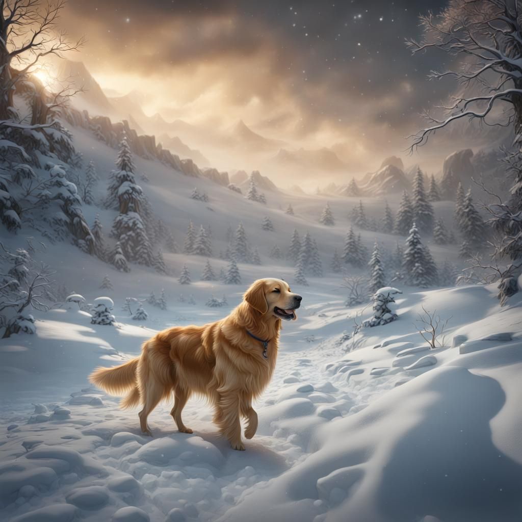 Golden Retriever in Snow: Detailed Matte Painting