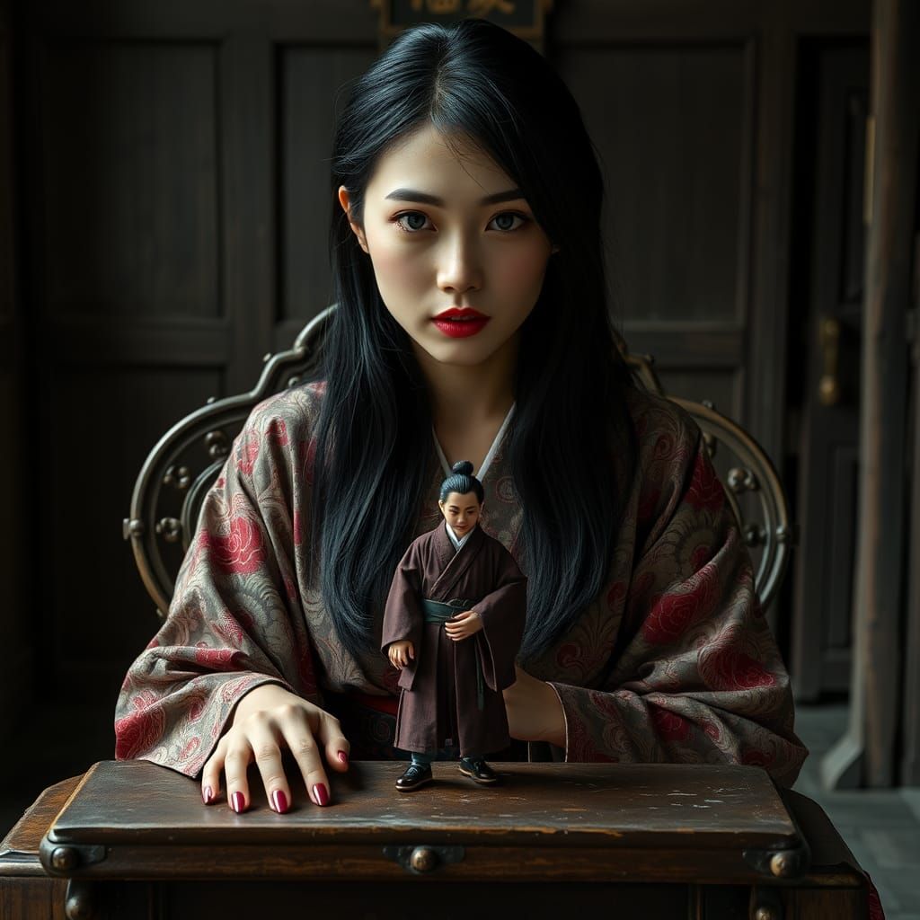 Ravishing Japanese Woman with Tiny Samurai: Photorealistic S...