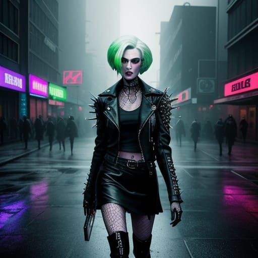 Cyberpunk Cruella De Vil in Dystopian Cityscape